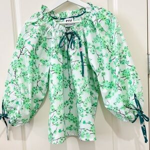 SLV Sur La Vague Cherry Blossom Block Print 
Puff Sleeve Cotton Top One Size